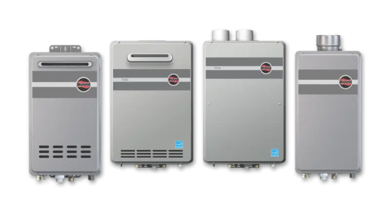 Rudd Tankless Water Heaters on clean background